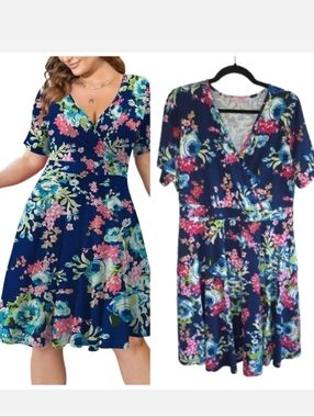 Floral Short Sleeve V-Neck Faux Wrap Dress Women's Plus Size 1X Blue Pink Flower